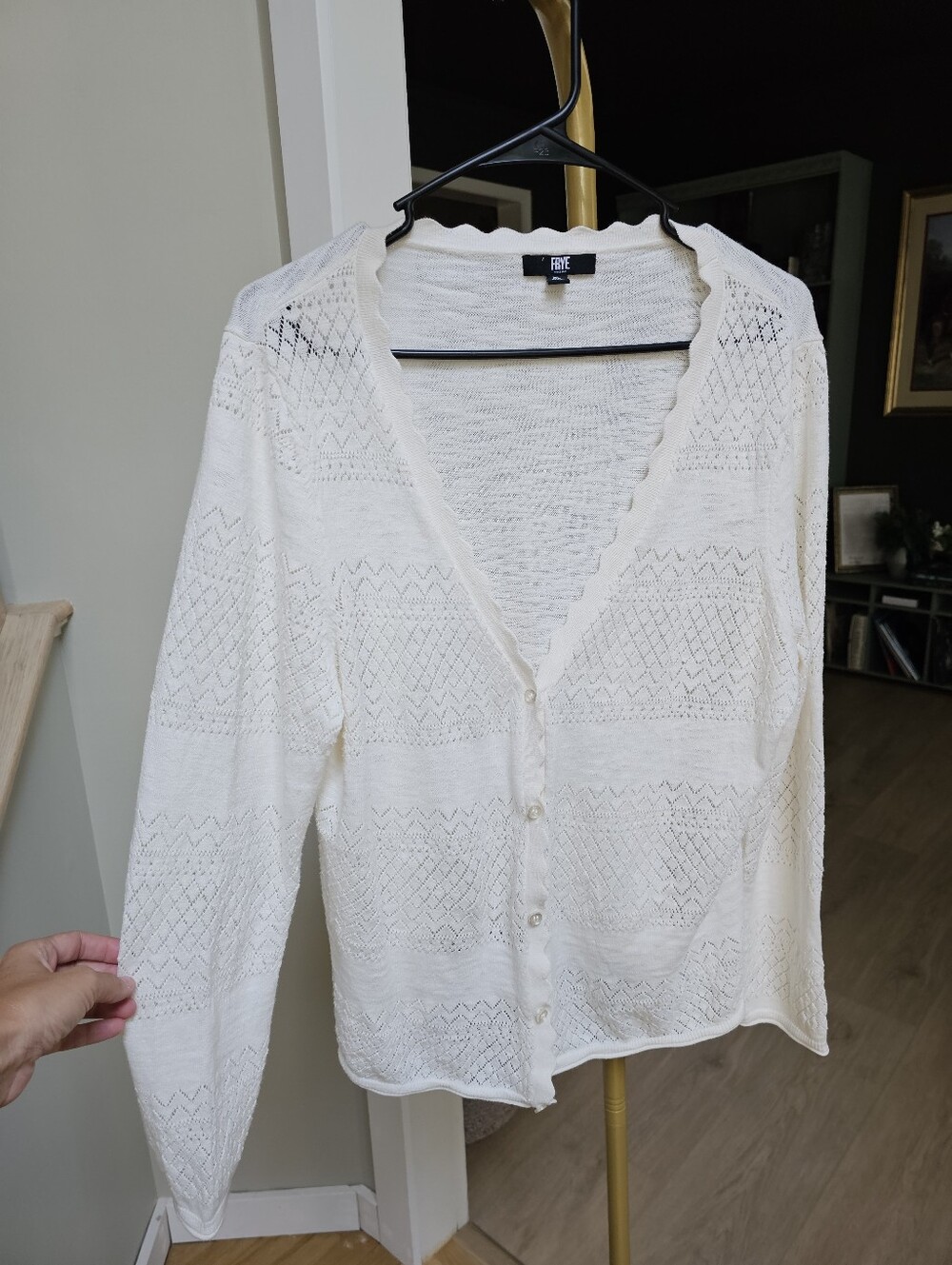 Frye Ivory Pointelle Cotton Cardigan Sweater Scalloped Hem Button Up XL - Picture 8 of 11